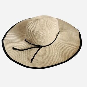Wide brim Straw Hat with Black Tie Strap Tan Black